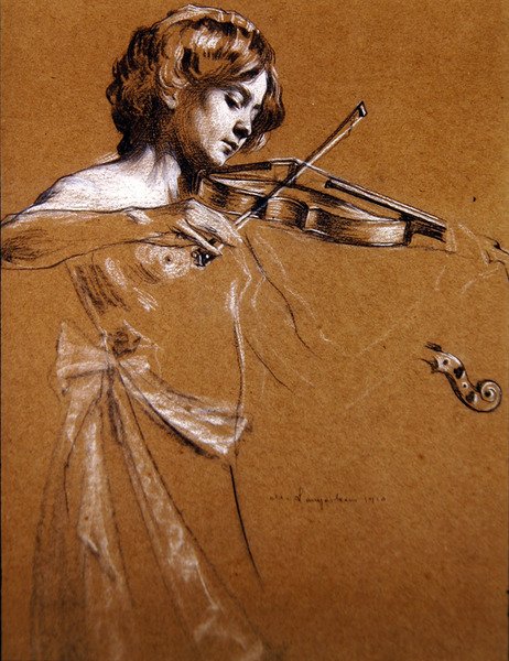 Giovane ragazza che suona il violino con il seno scoperto da Maurice Langaskens