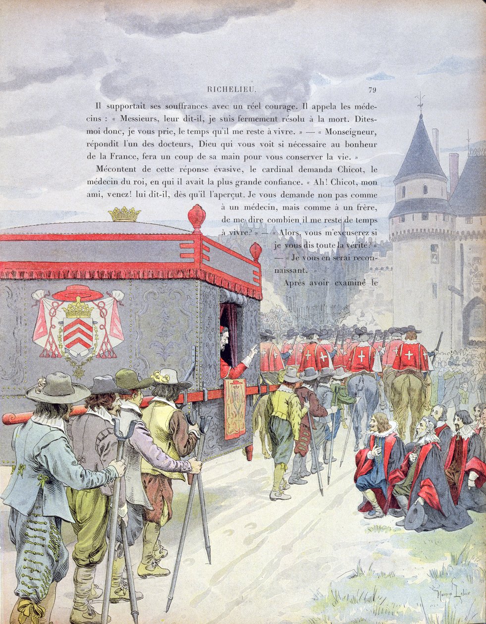 Armand-Jean du Plessis, Cardinale Richelieu (1585-1642) viaggiando in lettiga da anziano, illustrazione da una vita di Richelieu di Theodore Camu, 1910 da Maurice Leloir