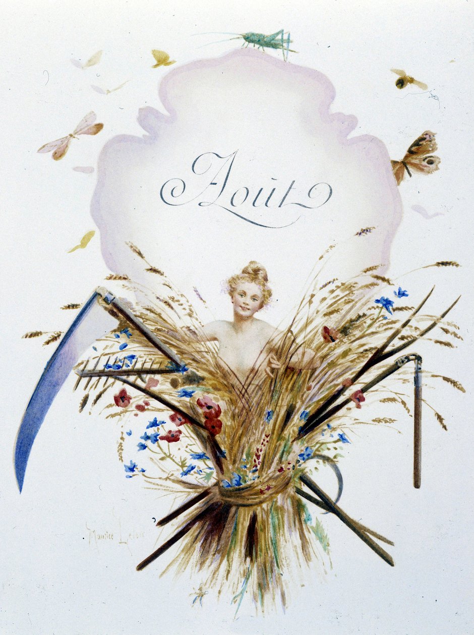 Agosto "La Chanson du mois" di Jérôme Doucet, illustrazione - Maurice Leloir, ed. Reims 1904. L. Michaud da Maurice Leloir