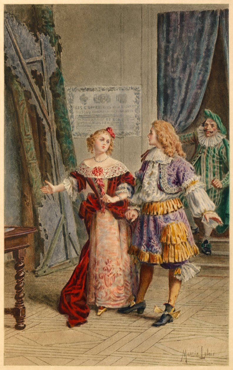 Backstage di Scapin, Armande, Baron e Moliere (illustrazione) da Maurice Leloir
