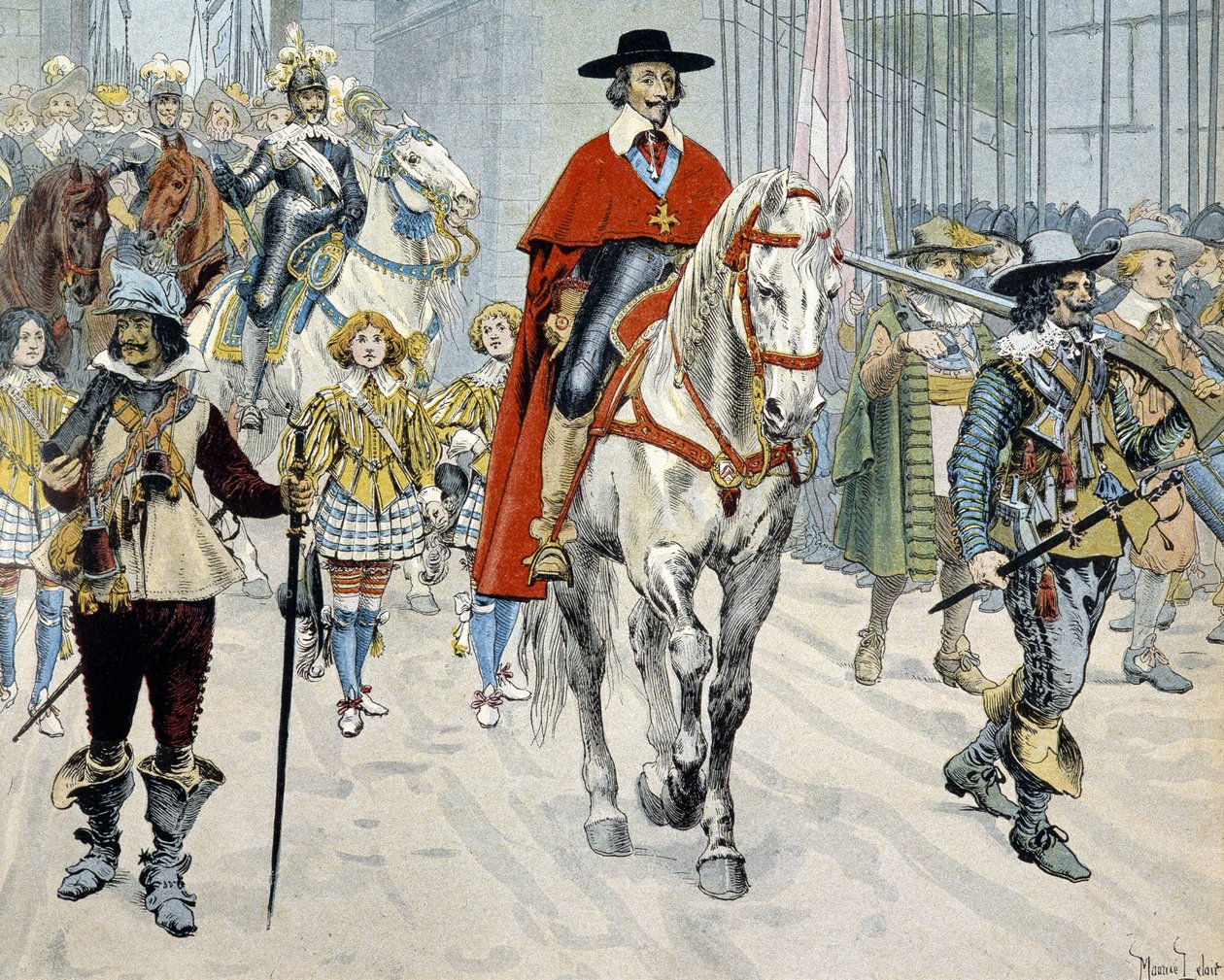 Cardinale Richelieu che cavalca per le strade di Parigi da Maurice Leloir
