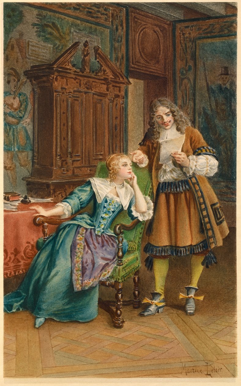 Moliere legge una nuova commedia ad Armande Bejart (illustrazione) da Maurice Leloir