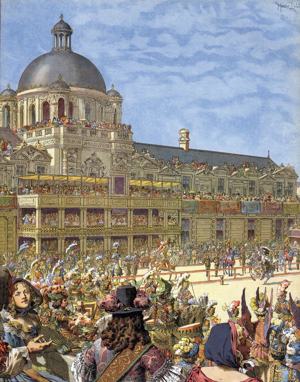 Il Carosello Reale (torneo di cavalieri), tenuto nel 1662, davanti al Palazzo delle Tuileries a Parigi sotto Luigi XIV conosciuto come il Re Sole (Re Sole o Luigi il Grande) da Maurice Leloir