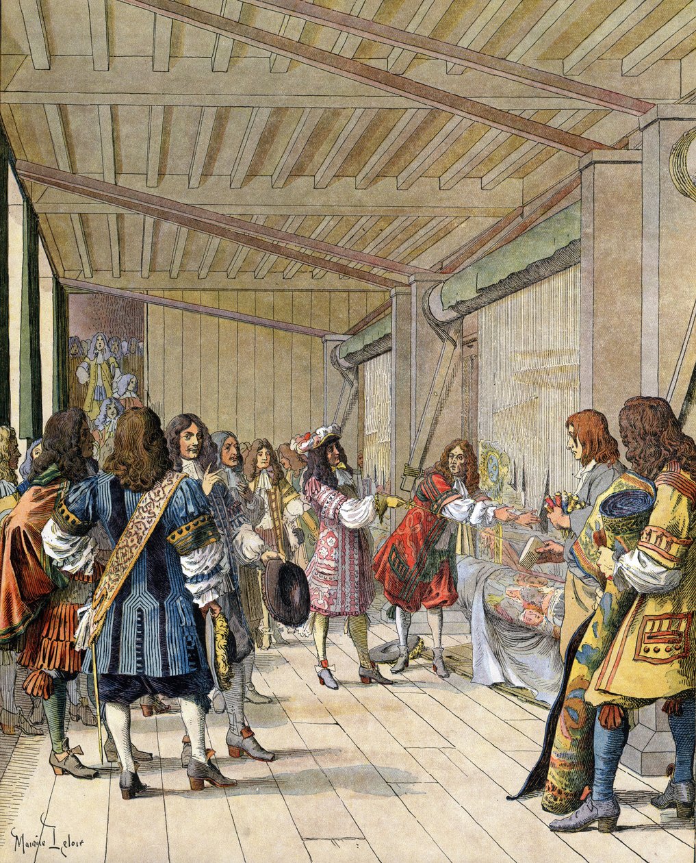 Il pittore Charles Lebrun (Le Brun) (1619-1690), direttore della manifattura, spiega a Luigi XIV, noto come il Re Sole da Maurice Leloir