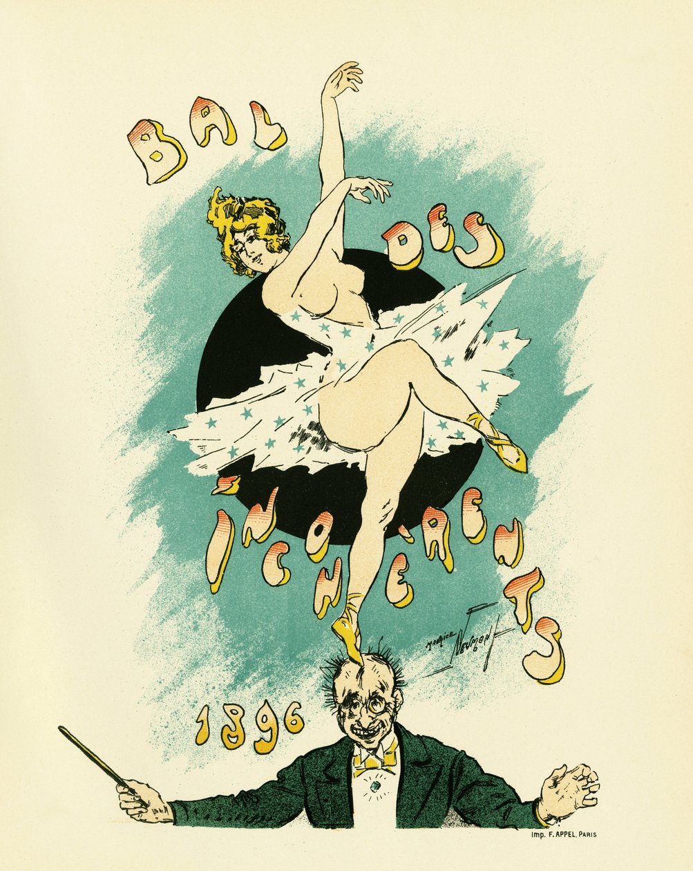 Poster per il ballo degli incoerenti, ballo organizzato tra il 1885 e il 1896 a Parigi come parte del movimento artistico lanciato da Jules Levy nel 1882, le arti incoerenti, Illustrazione in litografia di Maurice Neumont, mostrando una ballerina nuda da Maurice Louis Henri Neumont