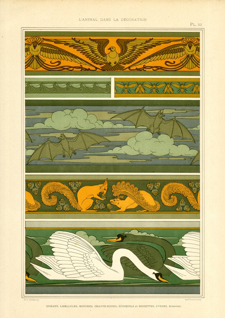 Bordi di animali con aquile, pipistrelli, scoiattoli e cigni (litografia) da Maurice Pillard Verneuil