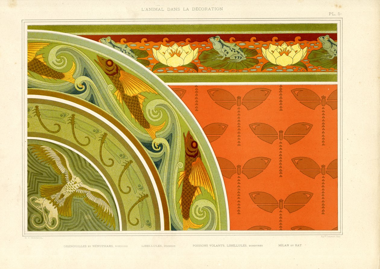 Ornamento acquatico con libellule, rane e farfalle (litografia) da Maurice Pillard Verneuil