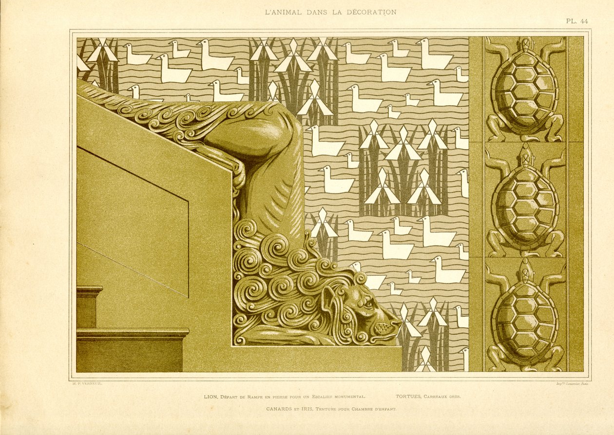 Decorazione architettonica con testa di leone, anatre e tartarughe (litografia) da Maurice Pillard Verneuil