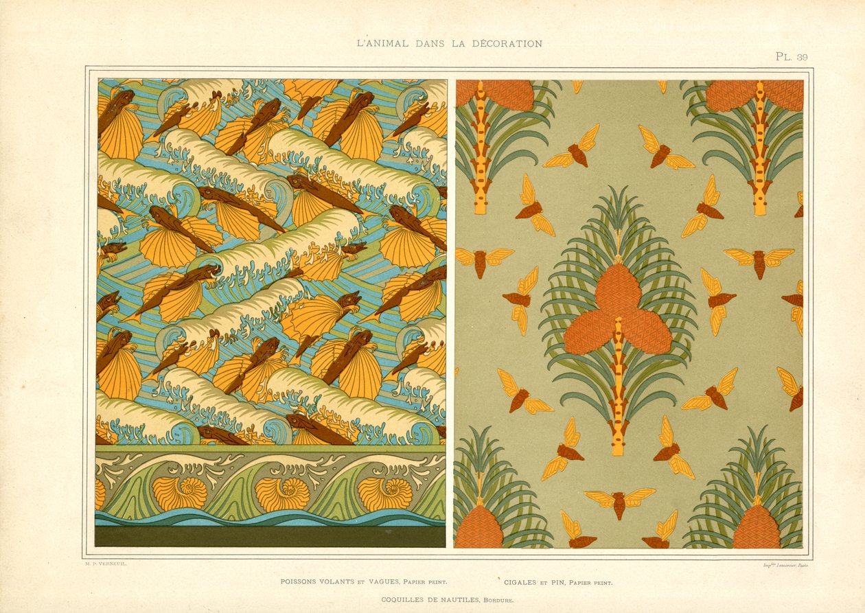 Carta da parati Art Nouveau con insetti e animali marini (litografia) da Maurice Pillard Verneuil