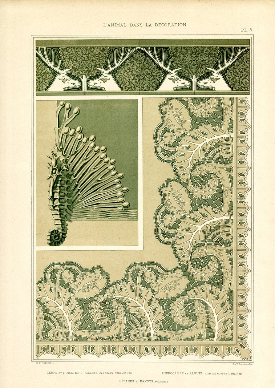 Ornamenti decorativi con cervi e creature marine (litografia) da Maurice Pillard Verneuil