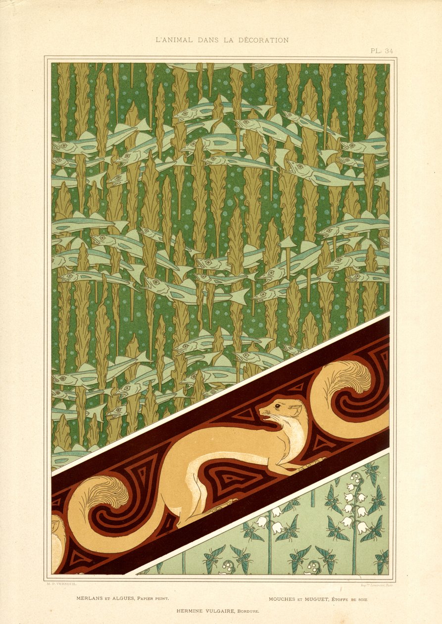 Disegni decorativi Art Nouveau con pesci, ermellini e mughetti (litografia) da Maurice Pillard Verneuil
