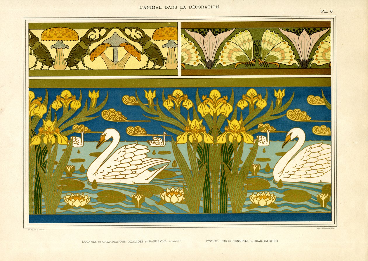 Bordi decorativi con cigni, insetti e iris (litografia) da Maurice Pillard Verneuil