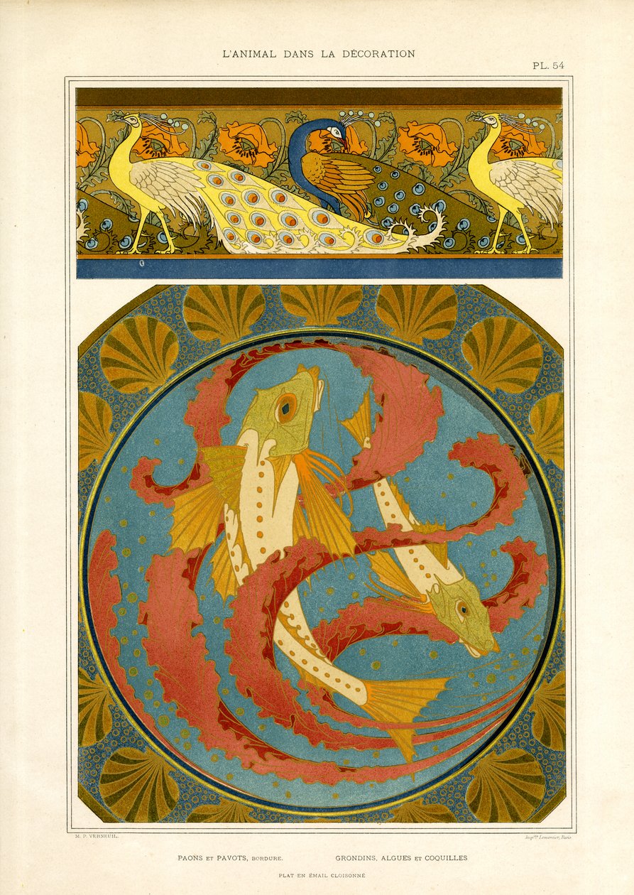 Bordo decorativo con pesce e pavone in stile cloisonné (litografia) da Maurice Pillard Verneuil