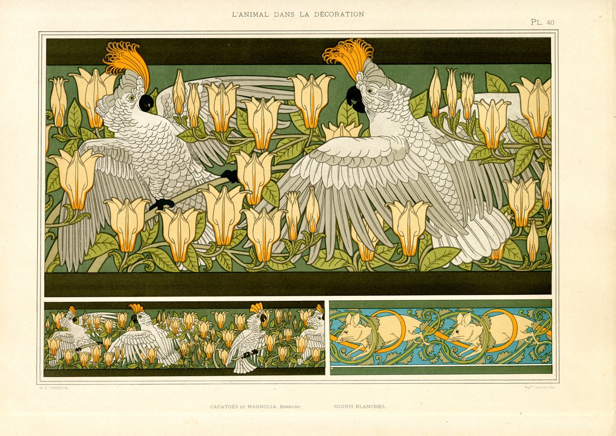 Fregi decorativi con cacatua, magnolie e topi (litografia) da Maurice Pillard Verneuil