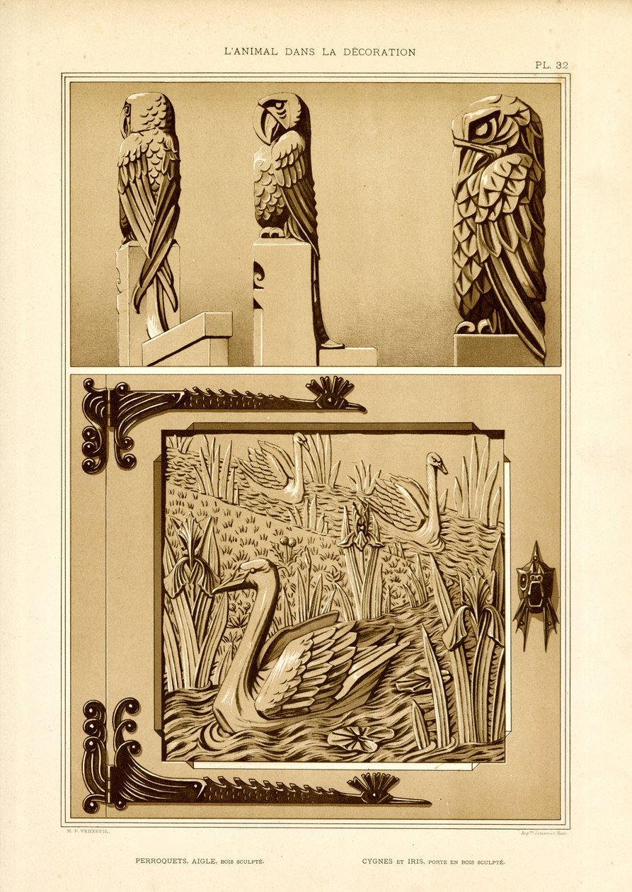 Disegni di arti decorative con motivi di pappagalli, aquile e cigni (litografia) da Maurice Pillard Verneuil