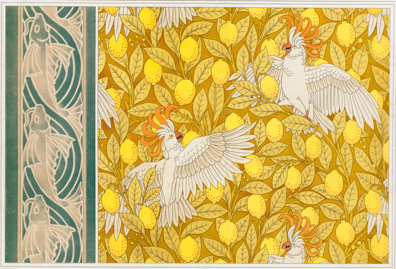 Design per carta da parati con cacatua e limoni e bordo con pesci volanti da Maurice Pillard Verneuil