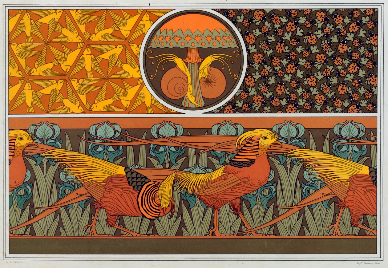 Progetti per bordo di carta da parati e tessuto: Uccelli, Coccinelle e Capelvenere, pub. 1897 da Maurice Pillard Verneuil
