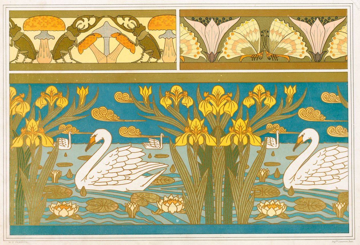 Progetti per bordo di carta da parati con cervi e funghi, pub. 1897 da Maurice Pillard Verneuil