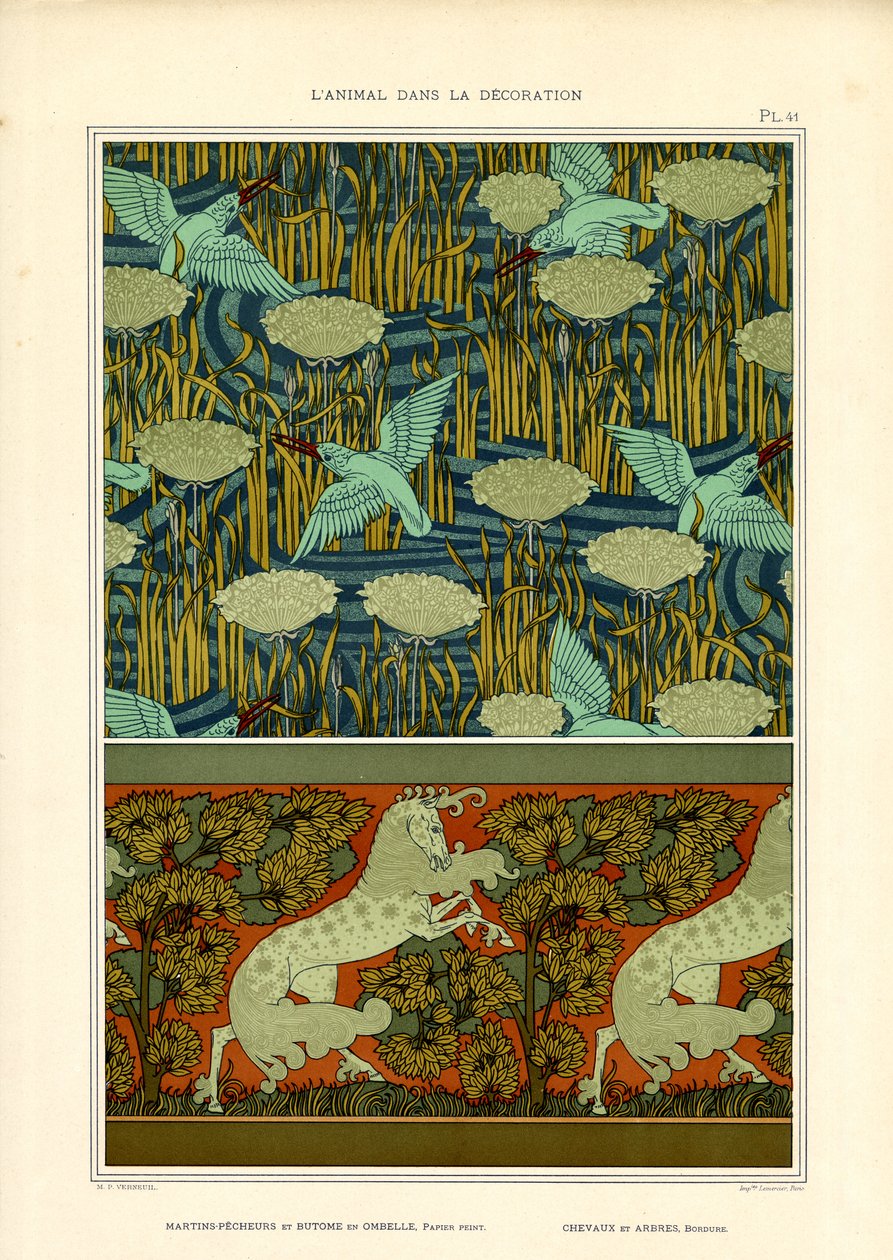 Martin pescatori e ninfee con fregio di cavallo (litografia) da Maurice Pillard Verneuil