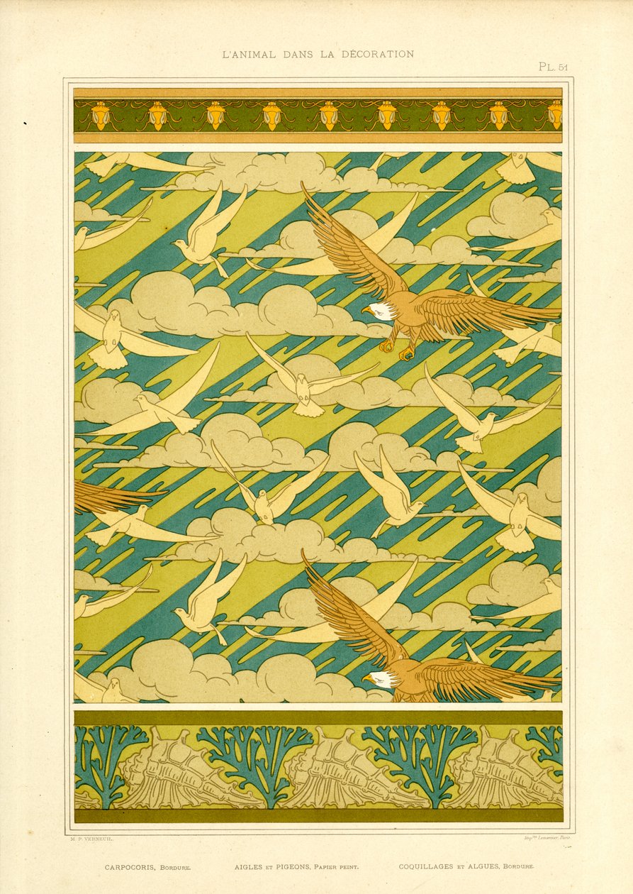 Composizione ornamentale con aquile e colombe (litografia) da Maurice Pillard Verneuil