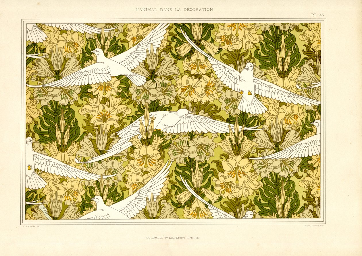 Motivo tessile con colombe e gigli bianchi (litografia) da Maurice Pillard Verneuil