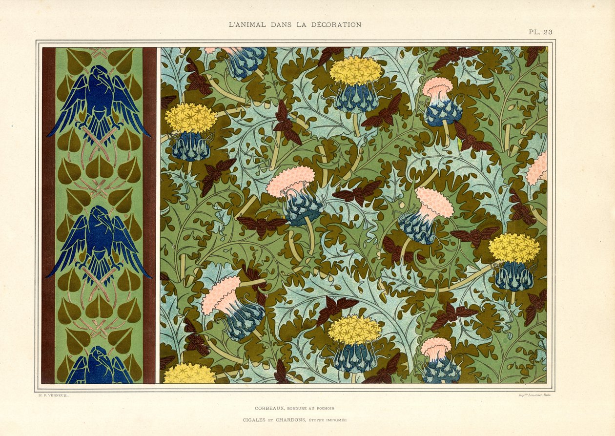 Ornamento di cardo con insetti e corvi (litografia) da Maurice Pillard Verneuil