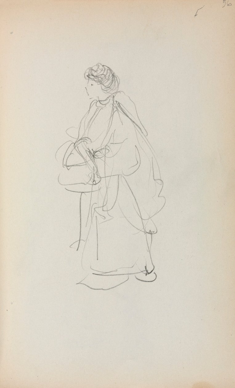 Quaderno di schizzi italiano: Donna in piedi che tiene una borsa (pagina 56) da Maurice Prendergast