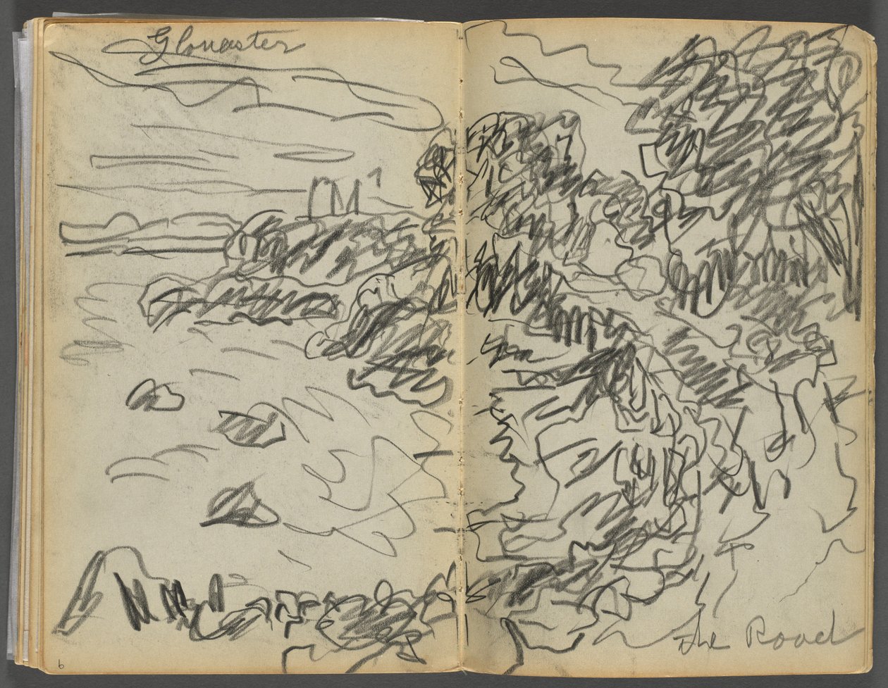 Libro di schizzi - The Granite Shore Hotel, Rockport, pagina 008 e 9: "Gloucester - La strada". da Maurice Prendergast