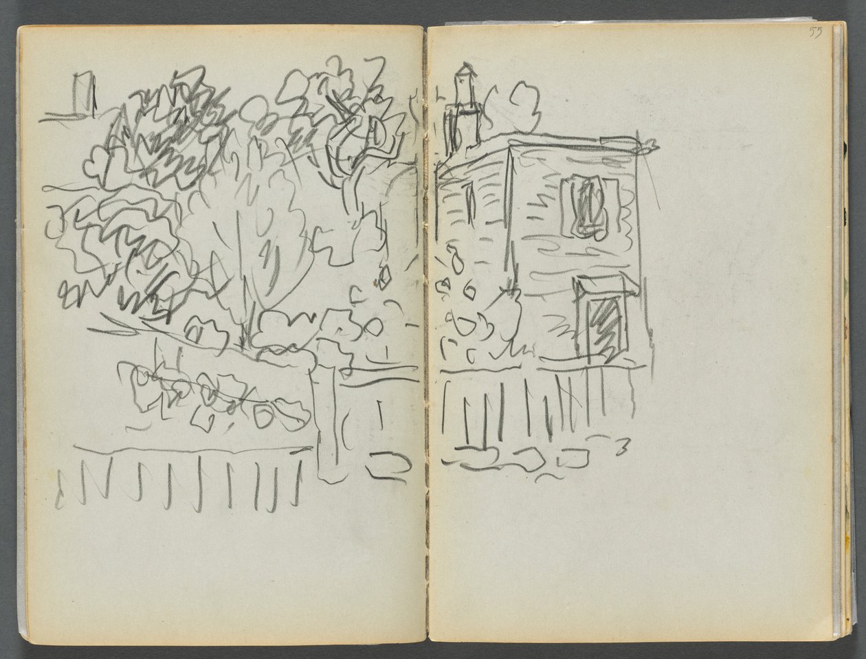 Sketchbook- The Granite Shore Hotel, Rockport, pagina 054 e 55: Casa e giardino recintato da Maurice Prendergast