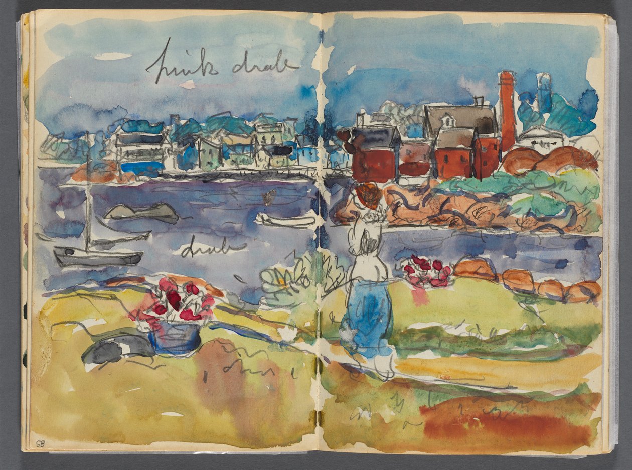 Libro di schizzi - The Granite Shore Hotel, Rockport, pagina 084 e 85: vista del porto con annotazioni a colori da Maurice Prendergast