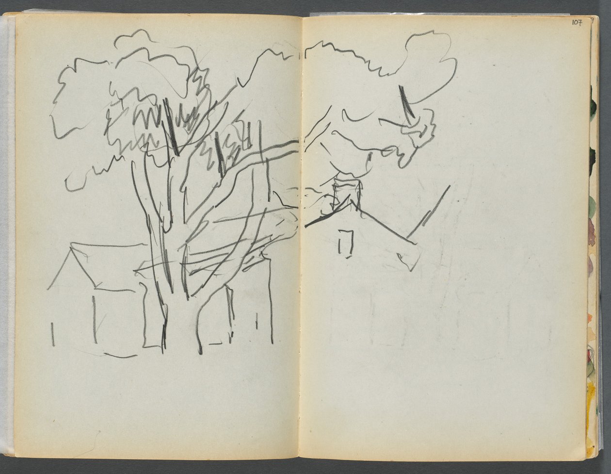 Libro di schizzi - Il Granite Shore Hotel, Rockport, pagina 106 e 107: Albero con case da Maurice Prendergast