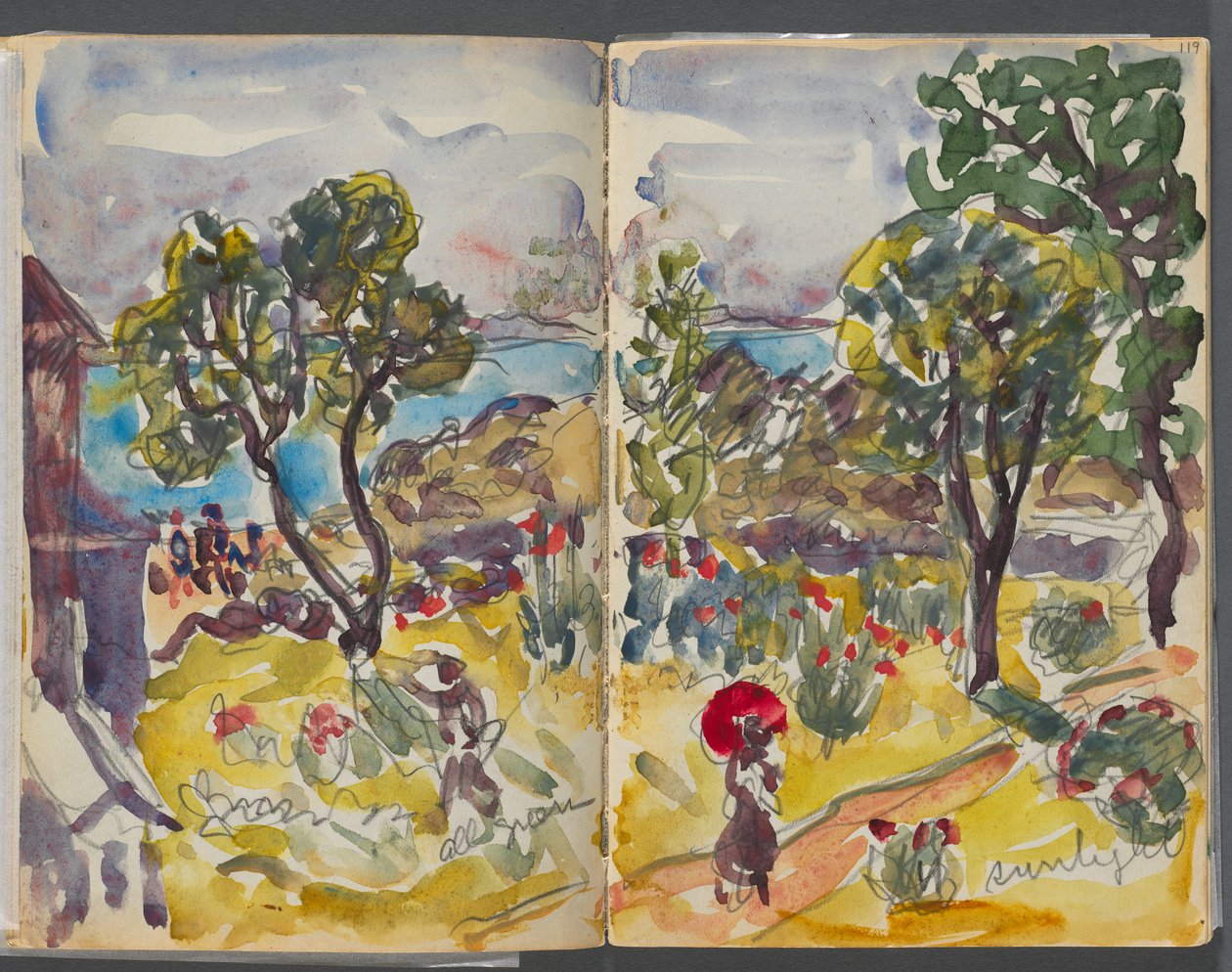 Taccuino di schizzi - The Granite Shore Hotel, Rockport, pagine 118 e 119: vista del giardino con annotazioni da Maurice Prendergast