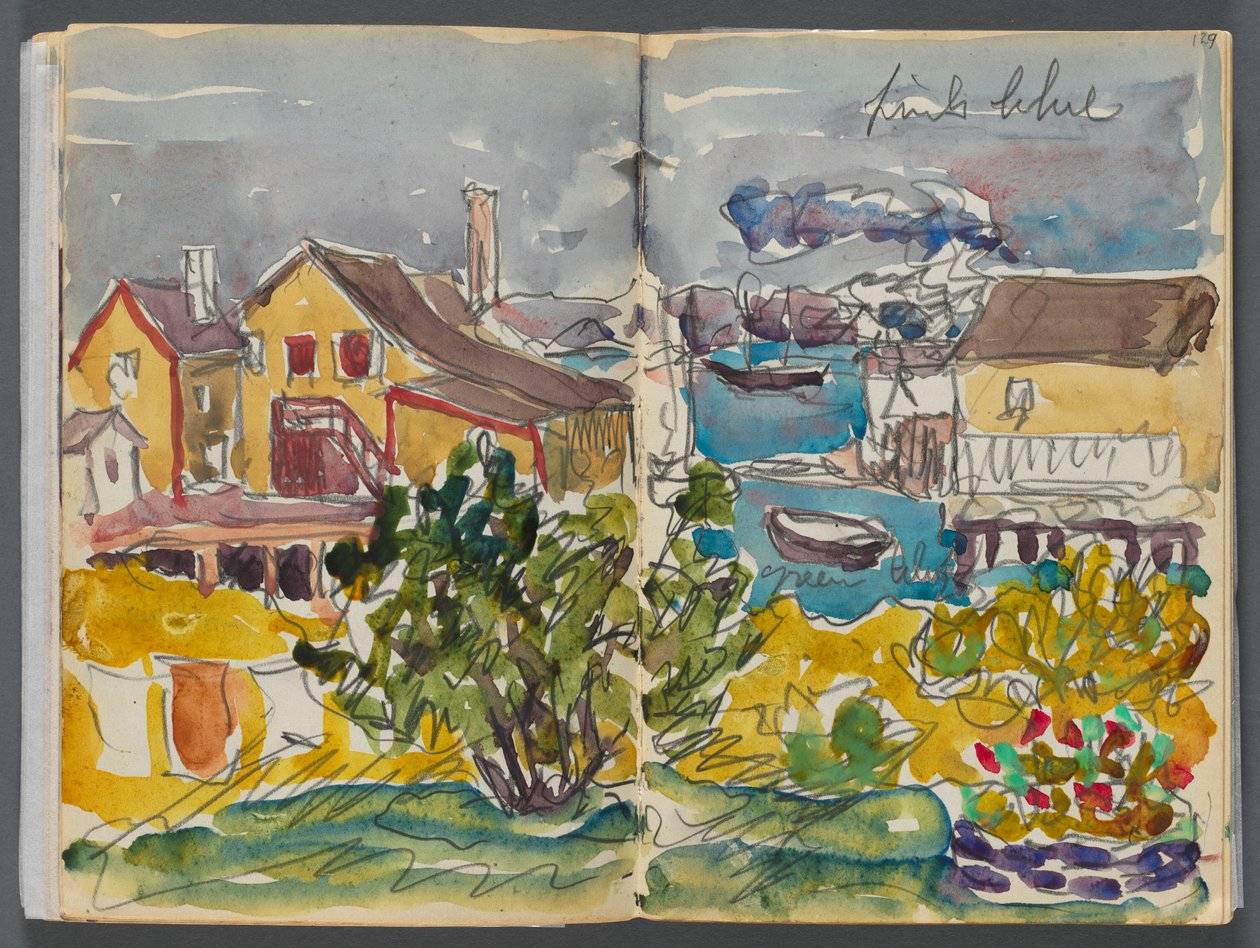 Libro di schizzi - Il Granite Shore Hotel, Rockport, pagine 128 e 129: Case sul porto da Maurice Prendergast