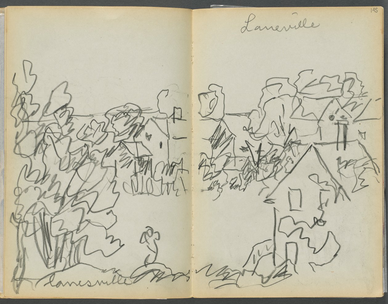 Sketchbook- The Granite Shore Hotel, Rockport, pagina 144 e 145: "Lanesville". da Maurice Prendergast