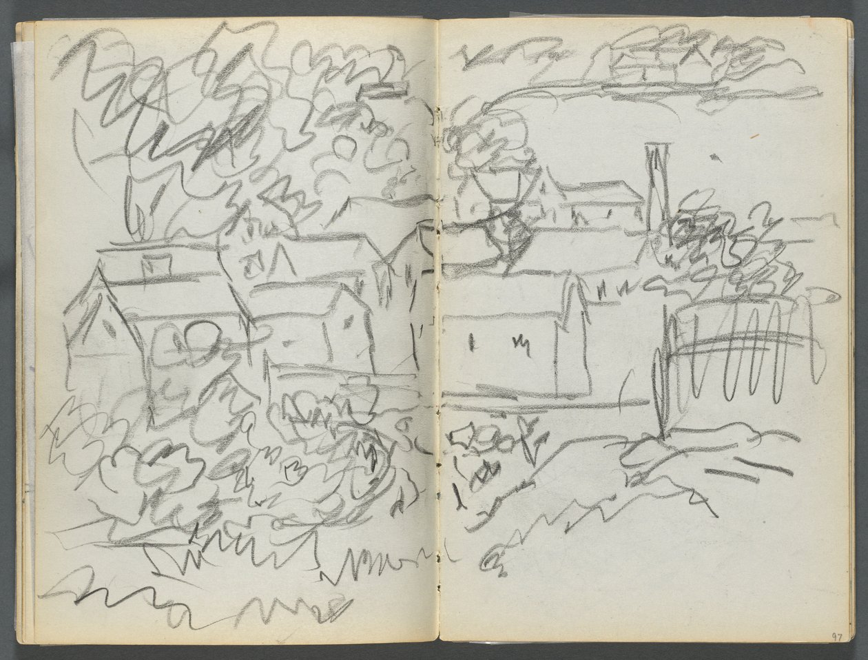 Taccuino di schizzi, The Dells, N° 127, pagina 096 e 97: Paesaggio con case da Maurice Prendergast