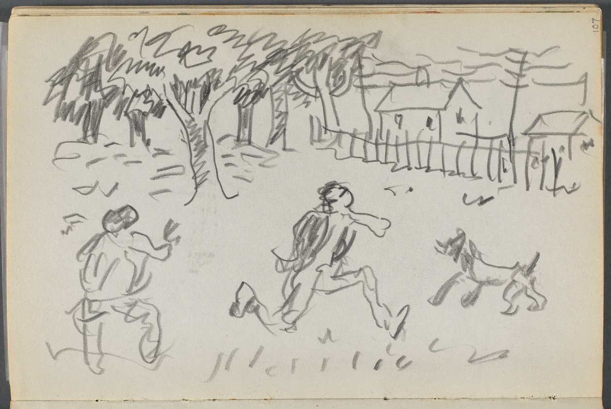 Sketchbook, The Dells, N° 127, pagina 107: Paesaggio con figure e cane da Maurice Prendergast
