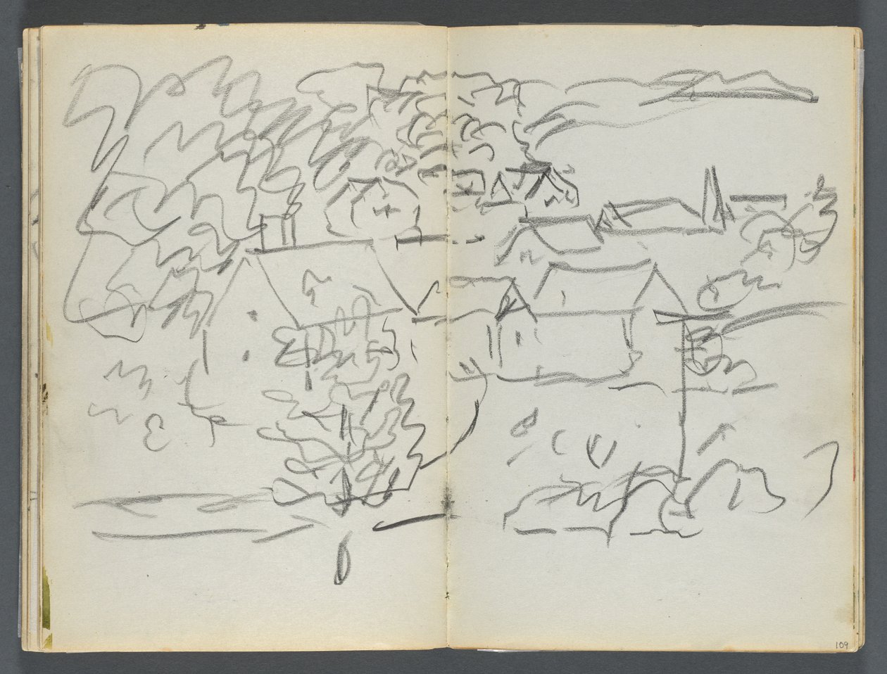Taccuino di schizzi, The Dells, n. 127, pag. 108 e 109: Paesaggio con case da Maurice Prendergast