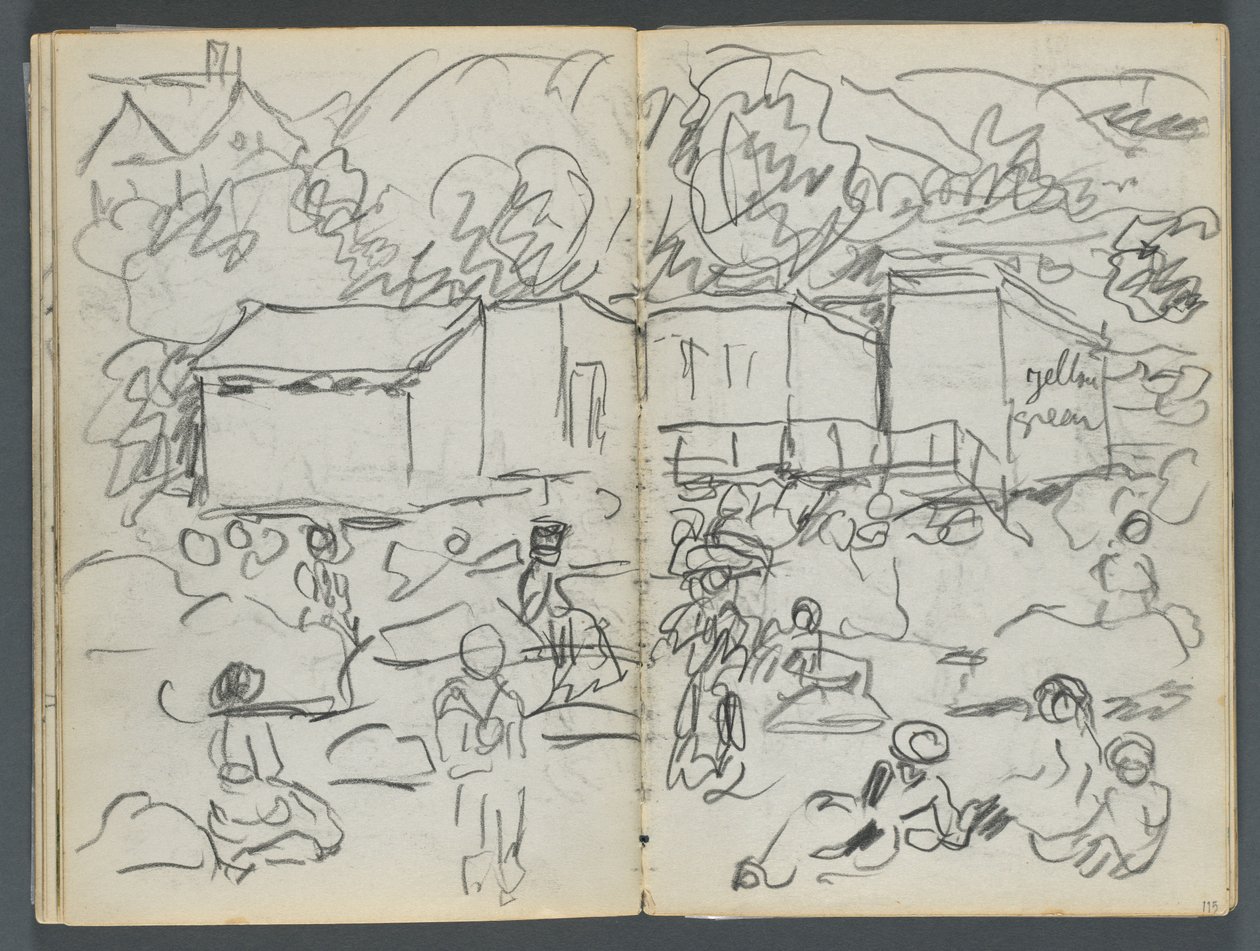 Sketchbook, The Dells, N° 127, pagina 114 e 115: Paesaggio con figure ed edifici da Maurice Prendergast