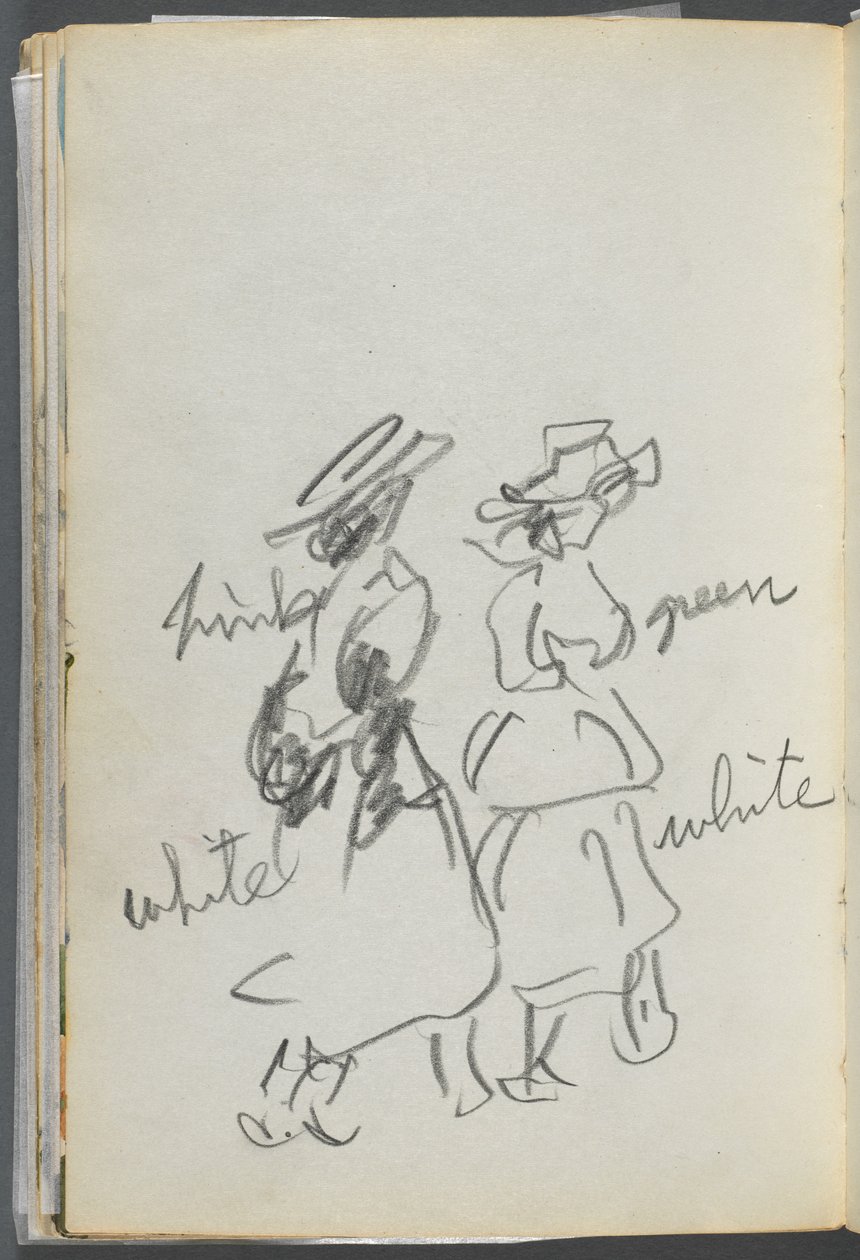 Sketchbook, The Dells, N° 127, pagina 144: Due figure che camminano con annotazioni a colori da Maurice Prendergast