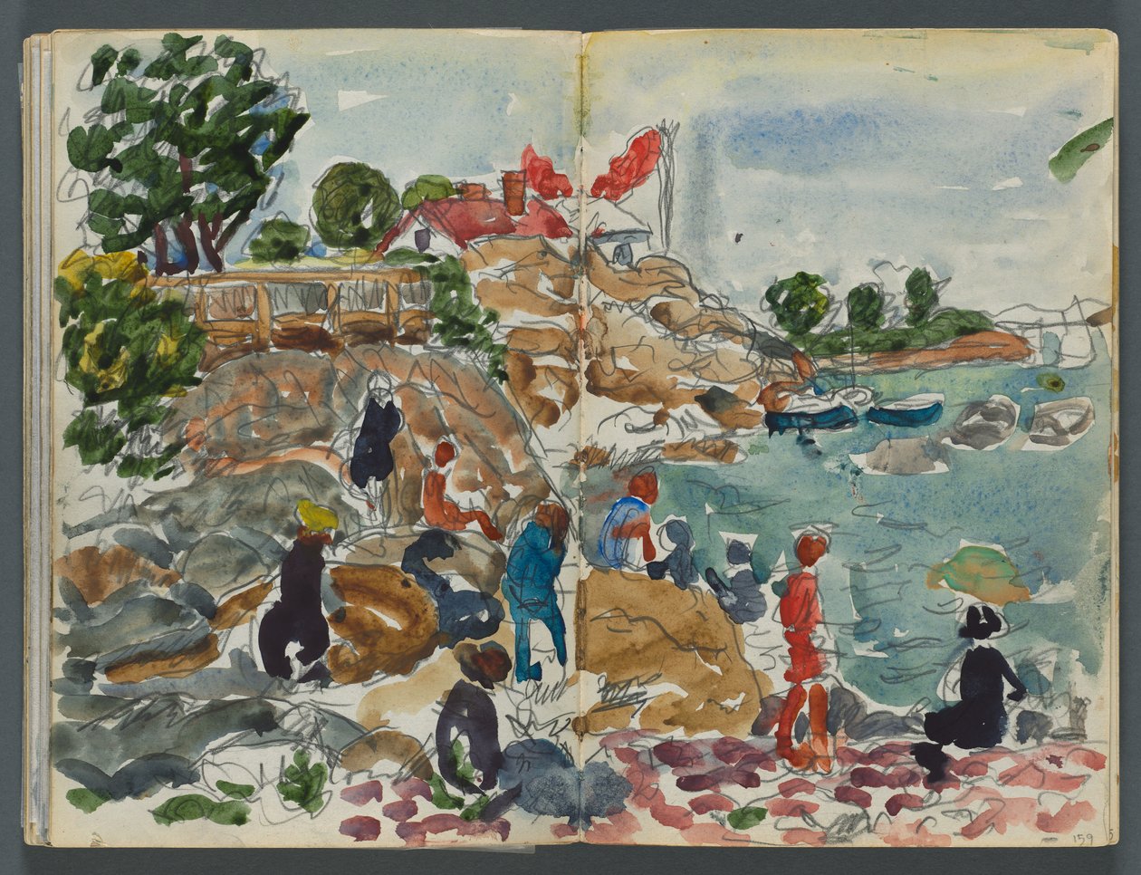 Taccuino di schizzi, The Dells, n. 127, pagine 158 e 159: Paesaggio costiero con figure da Maurice Prendergast