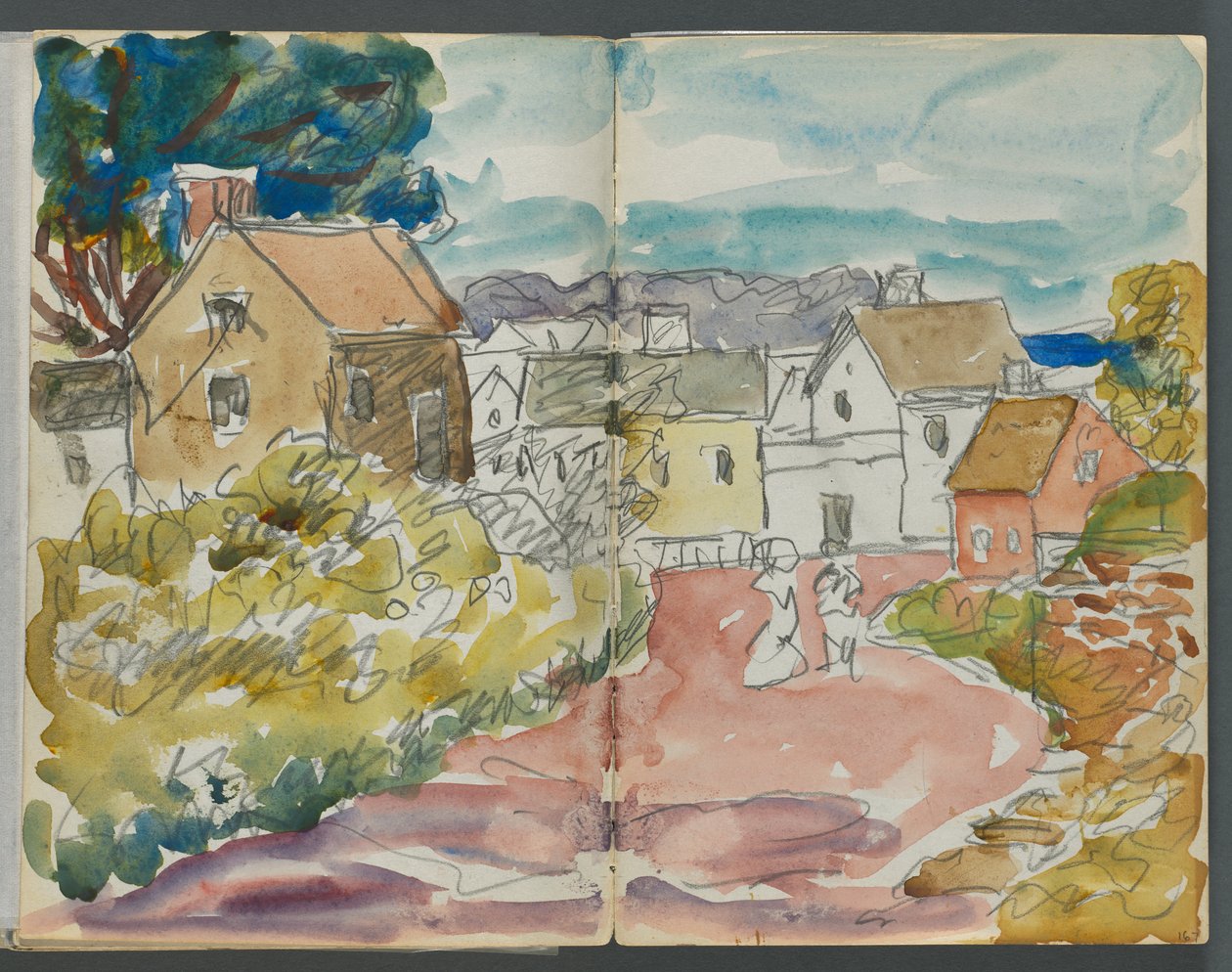 Taccuino di schizzi, The Dells, n. 127, pagine 166 e 167: Villaggio con case e strada da Maurice Prendergast