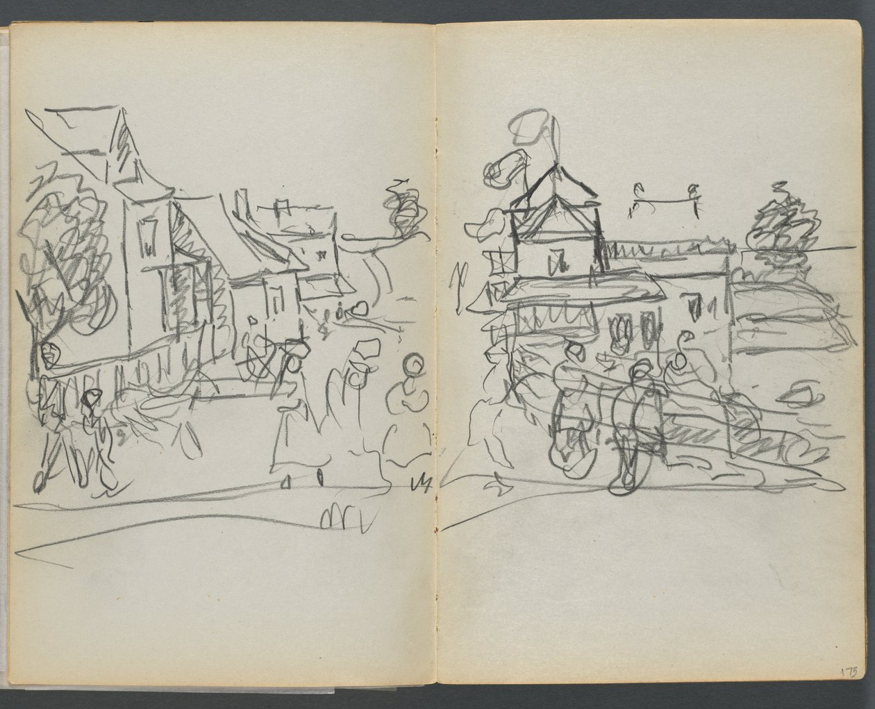 Sketchbook, The Dells, N° 127, pagina 174 e 175: Villaggio con case e strada da Maurice Prendergast