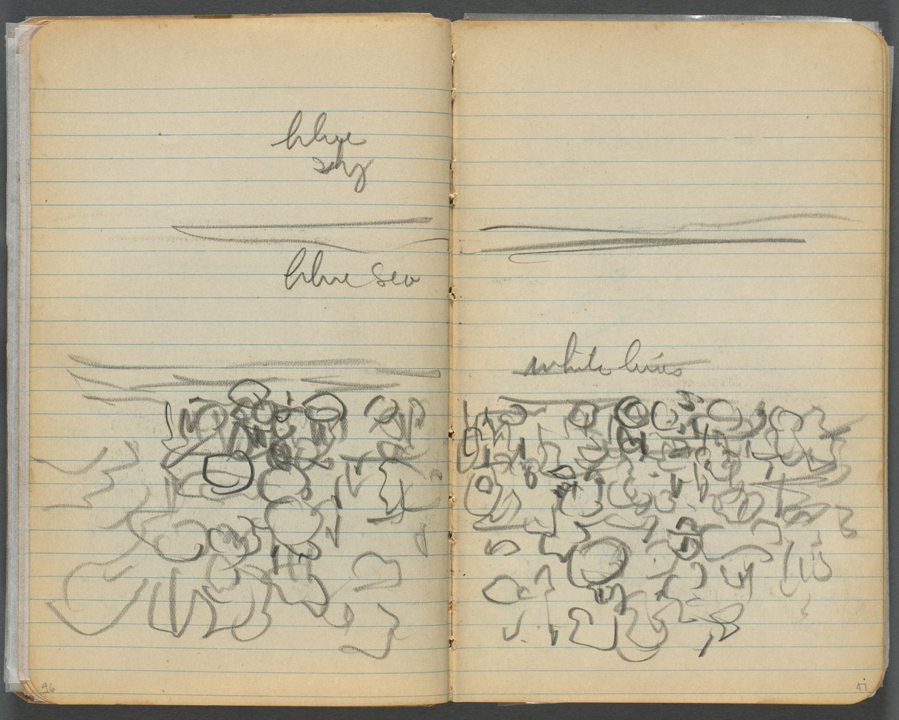 Taccuino degli schizzi, pagina 046 e 47: Vista della spiaggia con annotazioni a colori da Maurice Prendergast