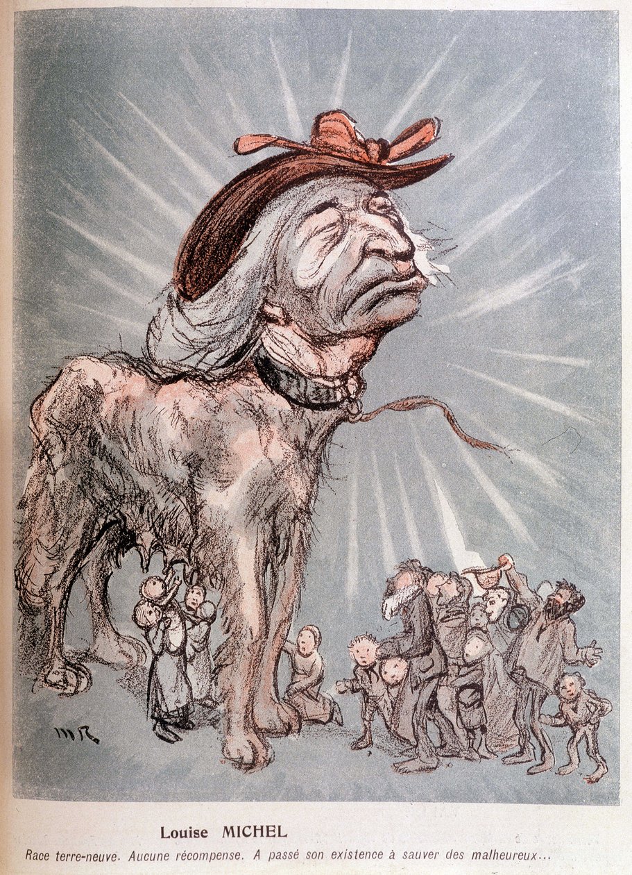 Caricatura di Louise Michel come un cane "razza terranova, nessuna ricompensa, ha passato la sua esistenza salvando i disgraziati" da Maurice Radiguet