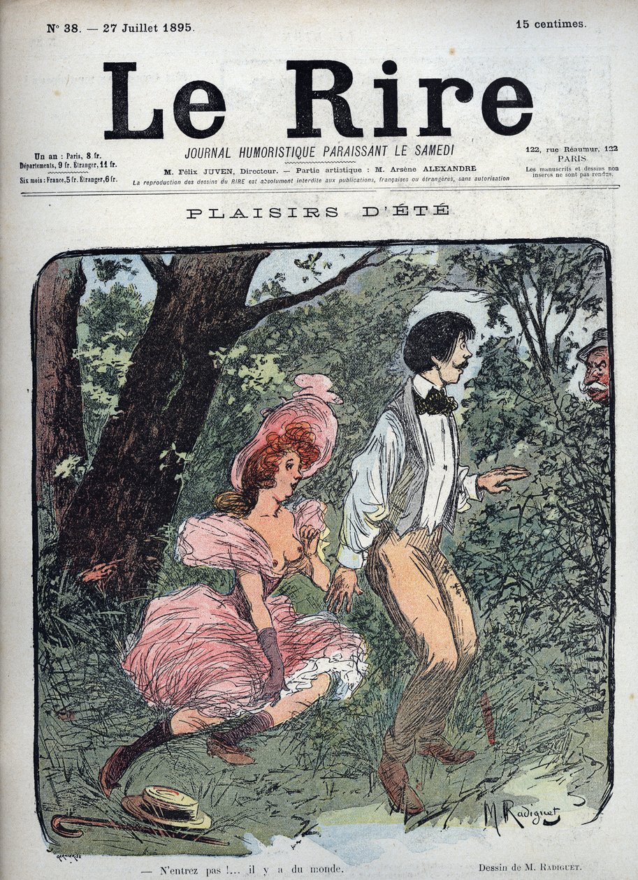 Piaceri estivi - Due amanti sono sorpresi in una foresta da un passante - Illustrazione di Maurice Radiguet per la rivista francese "Le Rire" numero 38 del 1895 da Maurice Radiguet