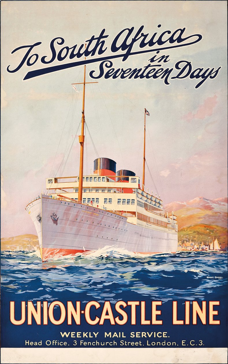 Verso il Sudafrica in diciassette giorni; un poster pubblicitario per Union Castle Line da Maurice Randall