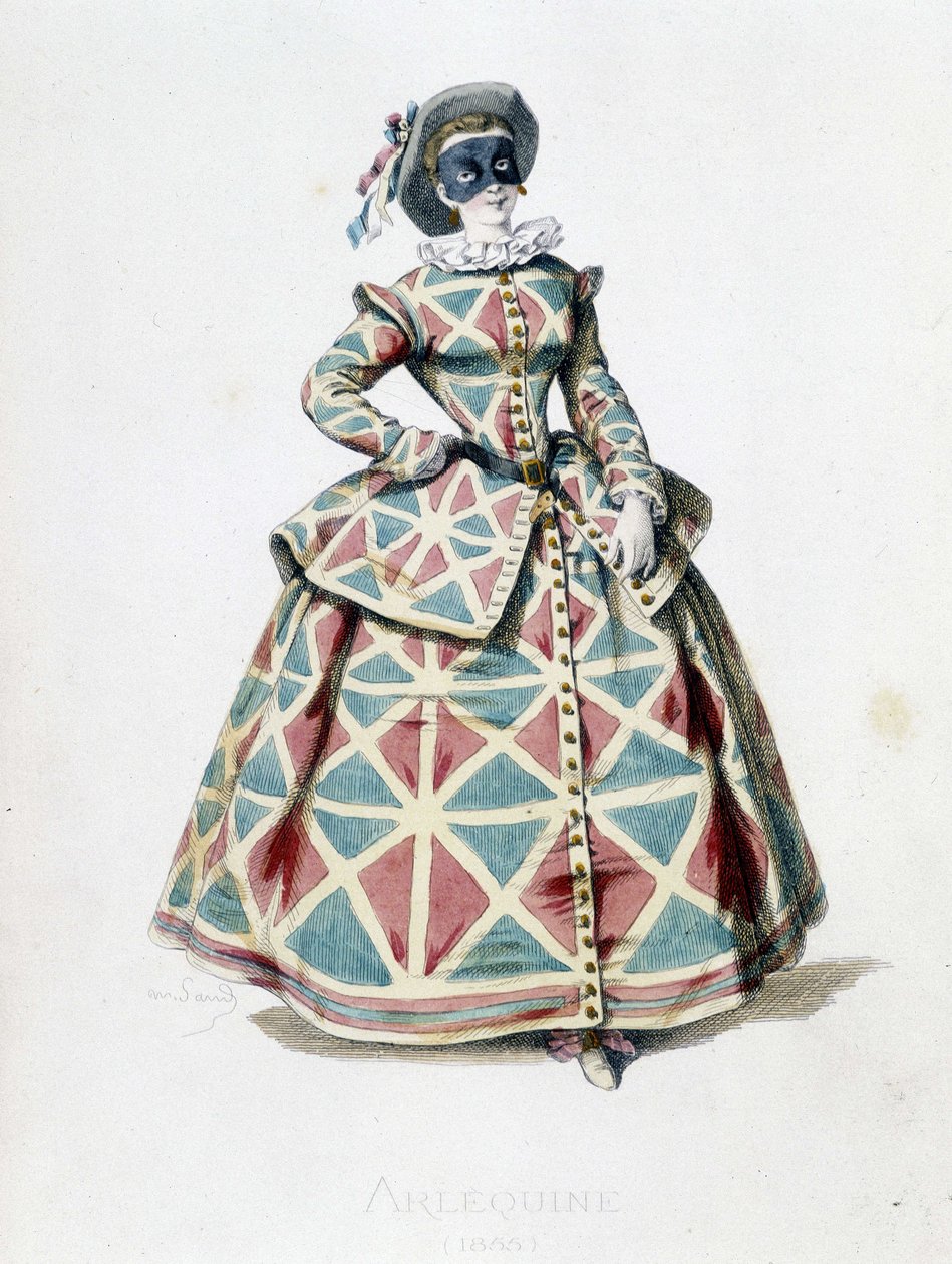 Costume e maschera di Arlecchino nel 1855, personaggio femminile di Arlecchino nella commedia dell