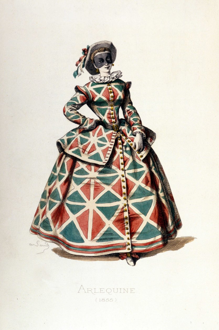 Costume e maschera di Arlecchino nel 1855, personaggio femminile di Arlecchino nella commedia dell