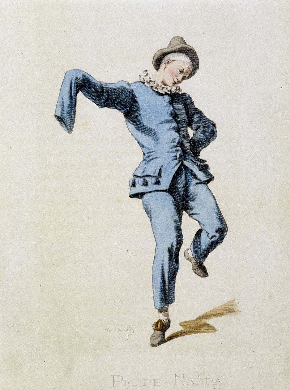 Peppe Nappa (Pierrot o Peppe-Nappa) da Masques et bouffons (Commedia italiana), testo e disegni di Maurice Sand, stampe di A. Manceau, prefazione di Georges Sand, Parigi, Michel Lévy Frères da Maurice Sand