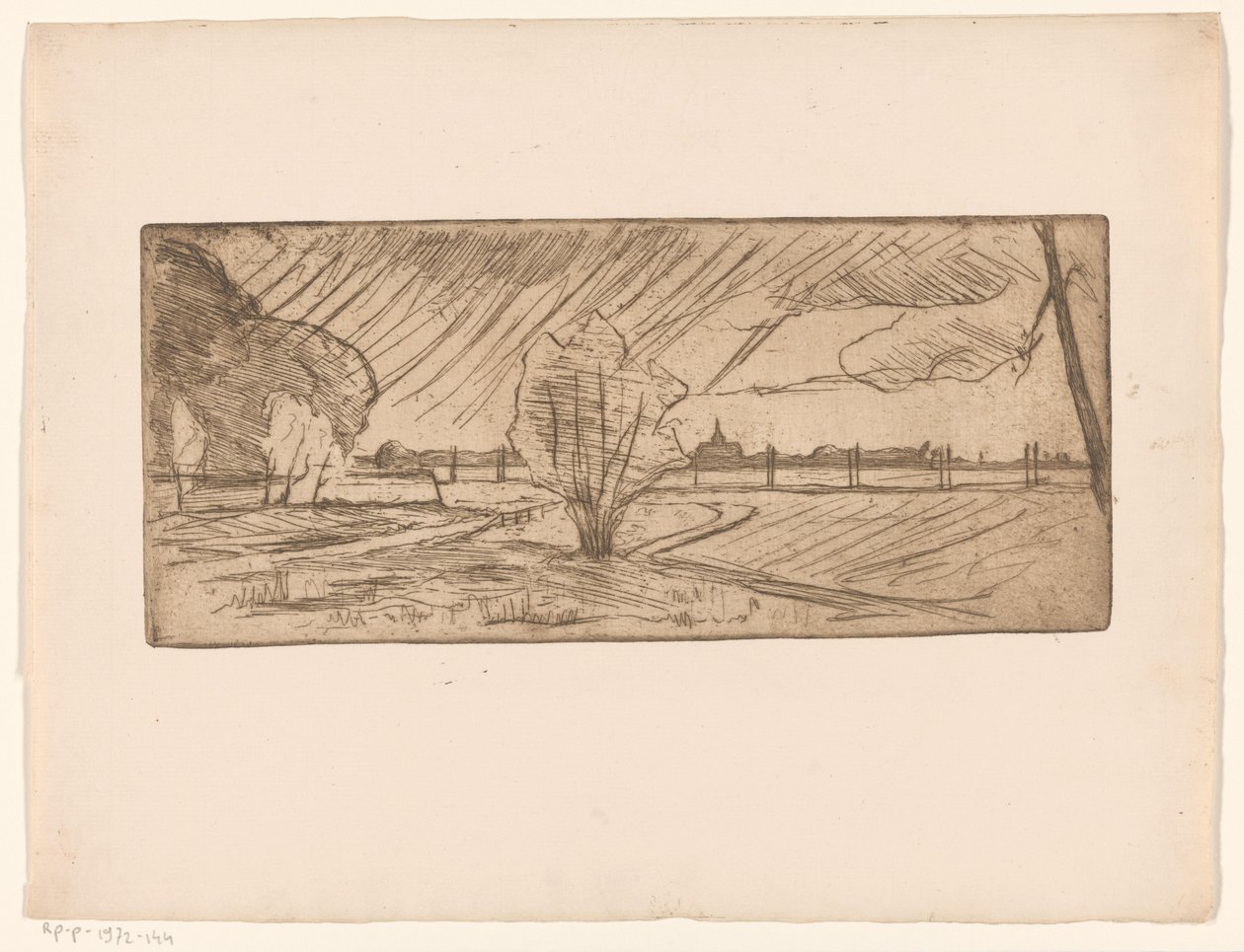 Paesaggio con alberi e chiesa da Maurits van der Valk